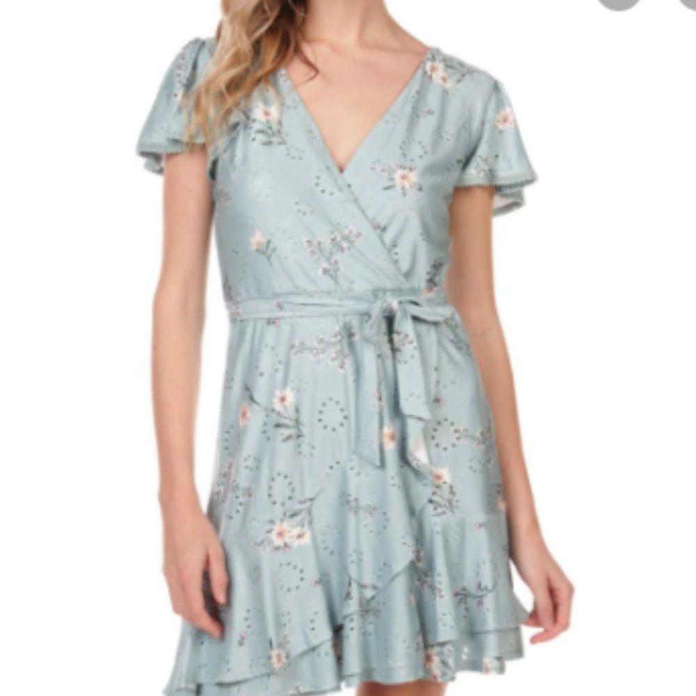 NWT City Triangles Pastel Teal Floral Mini Dress Short Sleeves Jersey Knit